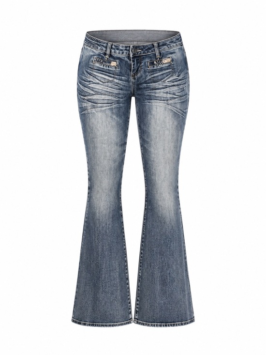 Vanilla sky Pants - Women's Blue Denim flared Pants Size 11 Casual Whiskered Patchwork
#039